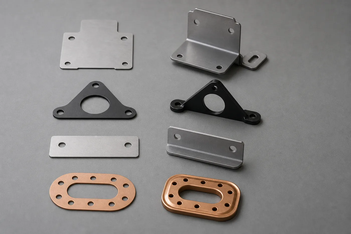 Flat sheet-metal blanks beside finished bent parts