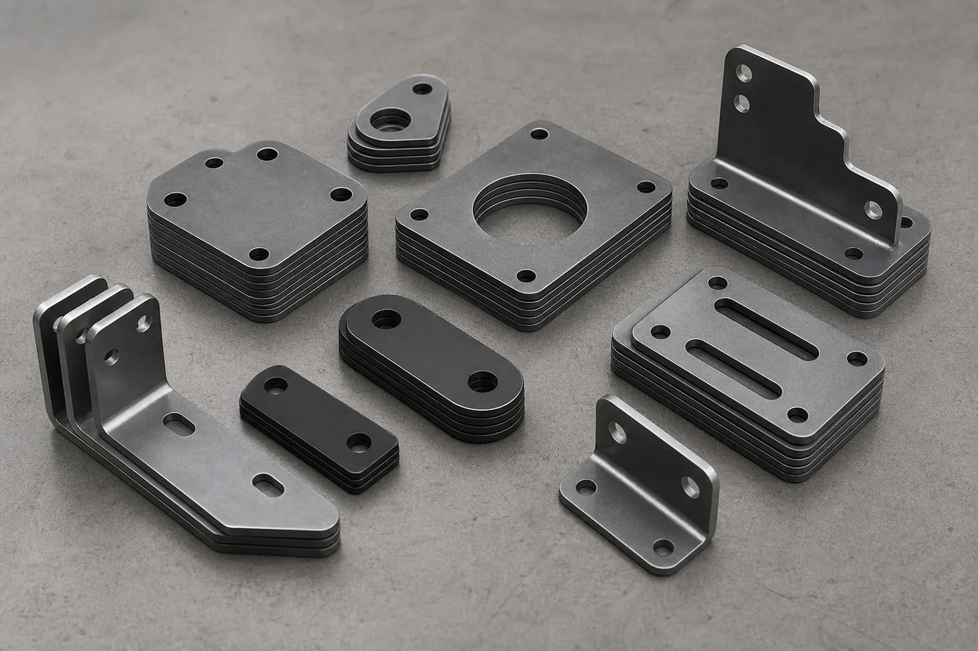 Finished laser-cut sheet-metal parts showing holes slots and rounded corners