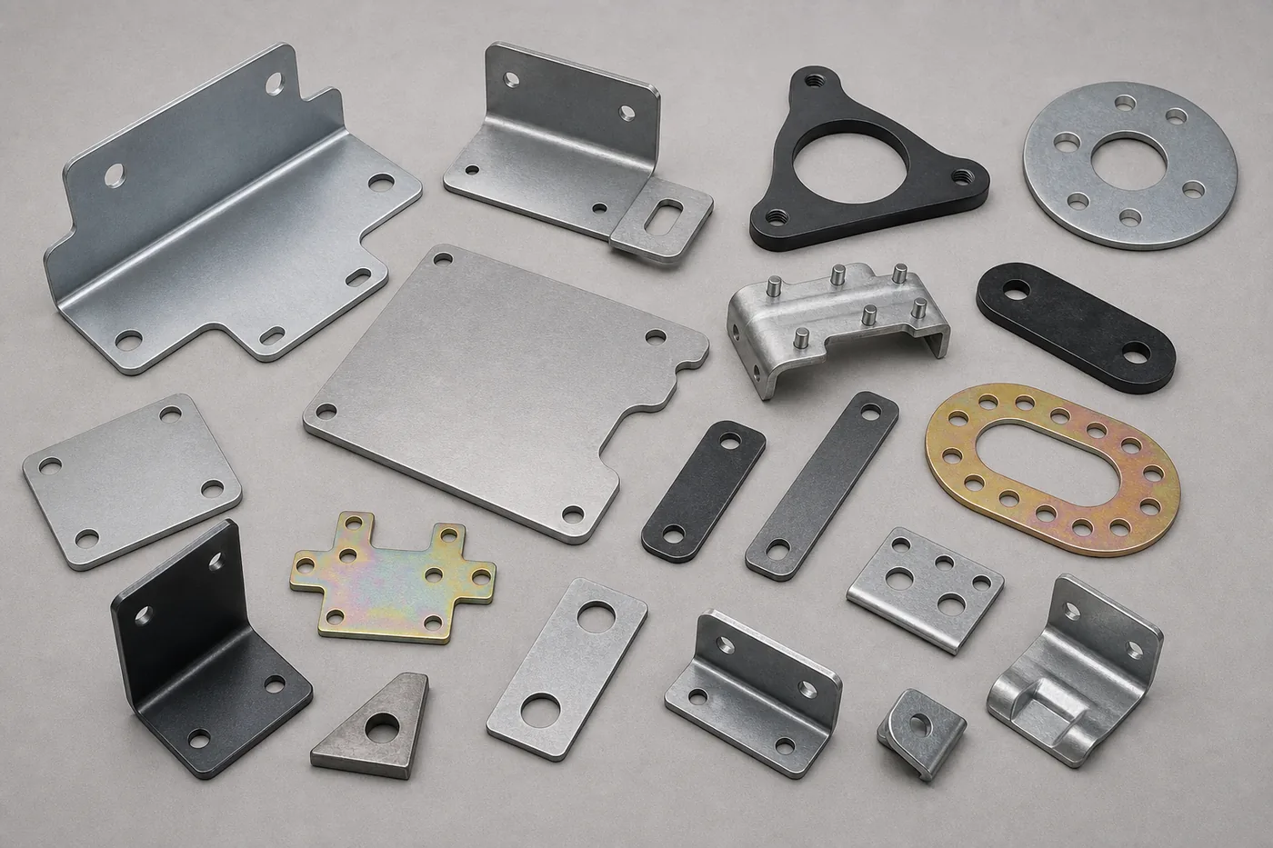 Finished sheet-metal guards plates spacers and brackets arranged overhead