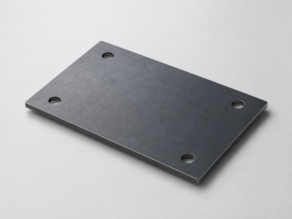Rendered carbon steel laser-cut bracket with four mounting holes